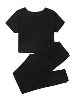 Women's Casual 2 Piece Outfit Rib-Knit Crop Tops High Waist Leggings Sets