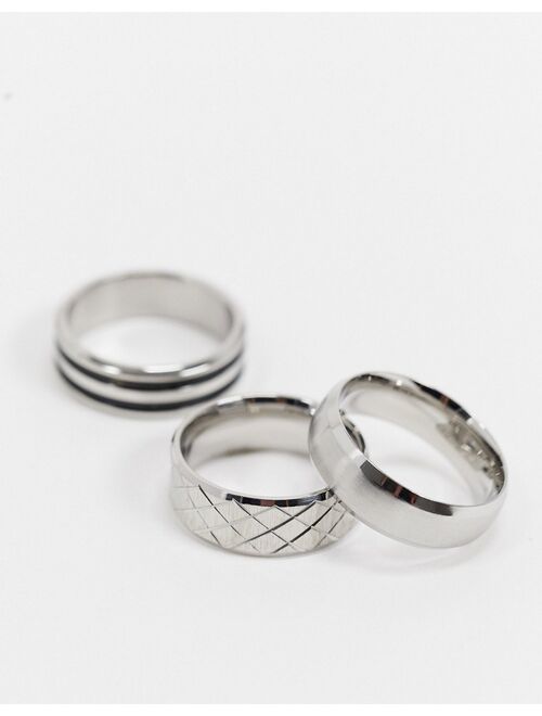 ASOS DESIGN 3-pack stainless steel slim band rings set in silver tone