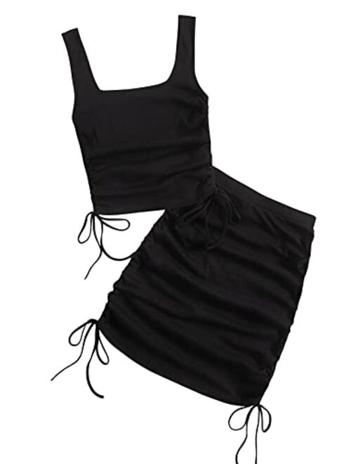 SweatyRocks Women's 2 Piece Outfits Drawstring Crop Top and Ruched Skirt Set