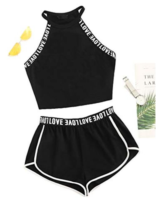 SweatyRocks Women's Two Piece Outfits Sleeveless Halter Top and Shorts Tracksuit Set