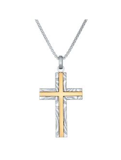 Gold Inset Damascus Steel Cross Pendant Necklace
