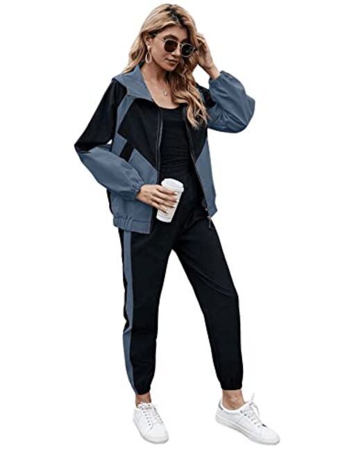 SweatyRocks Women's 2 Piece Outfits Long Sleeve Full Zip Jacket and Pants Tracksuit Set