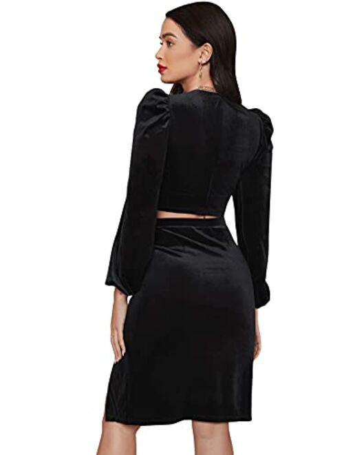 SweatyRocks Women's 2 Piece Outfits Long Sleeve V Neck Crop Top and Split Midi Skirt Set
