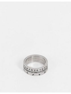 stainless steel movement band ring with zodiac design in silver tone