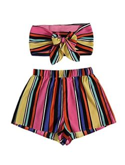 Women's 2 Piece Outfits Tie Front Bandeau Tube Crop Top and Shorts Set