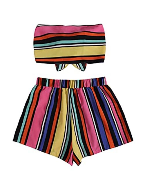 SweatyRocks Women's 2 Piece Outfits Tie Front Bandeau Tube Crop Top and Shorts Set
