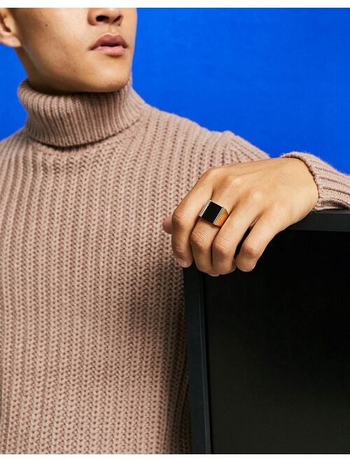 ASOS DESIGN oversized signet ring with black agate stone in gold tone