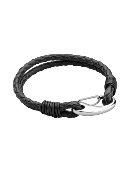 LYNX Stainless Steel & Black Leather Bracelet - Men