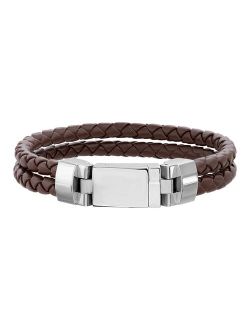 1913 Men's Brown Double Strand Braided Leather Bracelet with Stainless Steel Closure