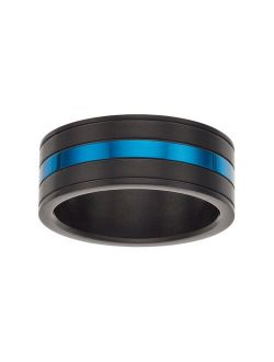 Men's Striped Black & Blue Stainless Steel Ring