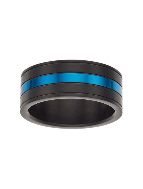 LYNX Men's Striped Black & Blue Stainless Steel Ring
