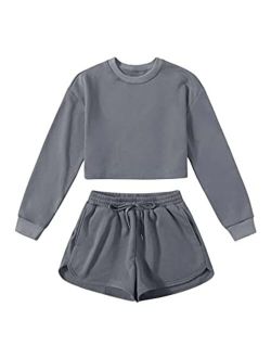 Women's 2 Piece Outfits Long Sleeve Crop Sweatshirt Top with Shorts Set