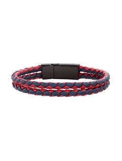 1913 Men's Braided Red Leather Double Strand Bracelet with Stainless Steel Closure