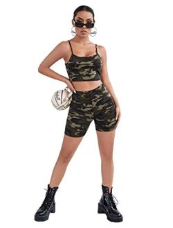 Women's 2 Piece Casual Outfits Camo Print Slim Fit Cami Crop Top and Shorts Set