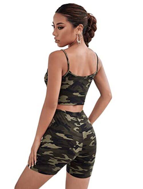 SweatyRocks Women's 2 Piece Casual Outfits Camo Print Slim Fit Cami Crop Top and Shorts Set