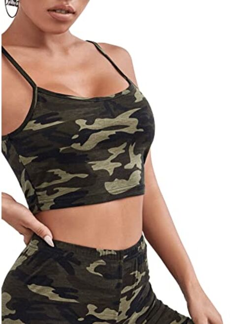 SweatyRocks Women's 2 Piece Casual Outfits Camo Print Slim Fit Cami Crop Top and Shorts Set