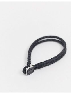 Boss braided leather bracelet in black with metal clasp