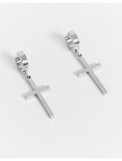 7mm hoop earrings with cross charms in silver tone