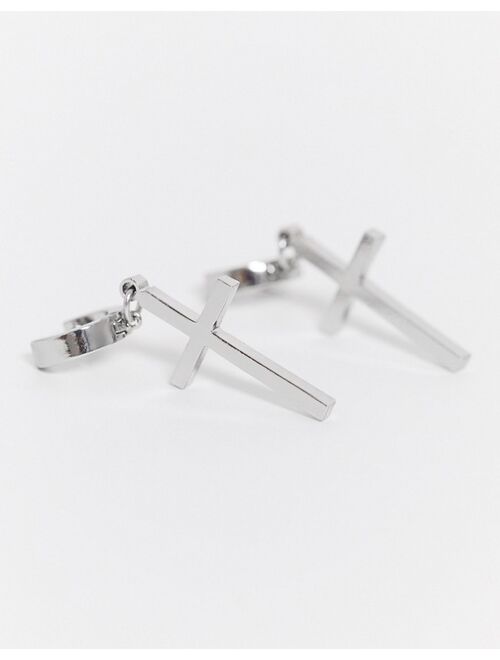 ASOS DESIGN 7mm hoop earrings with cross charms in silver tone