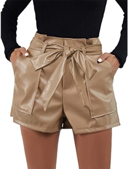 Women's Casual Belted Wide Leg High Waisted Leather Shorts with Pocket