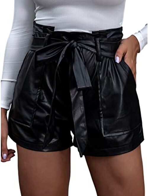 Floerns Women's Casual Belted Wide Leg High Waisted Leather Shorts with Pocket