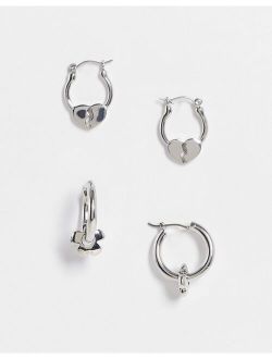 2 pack hoop earring set with broken heart and flower charms in silver tone