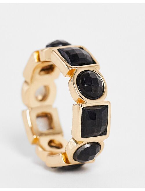 ASOS DESIGN band ring with black stones in gold tone