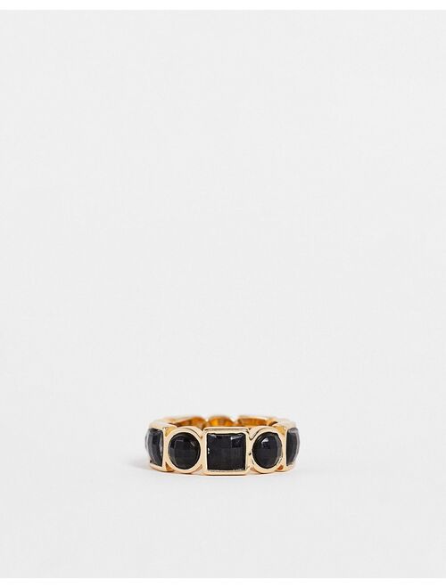 ASOS DESIGN band ring with black stones in gold tone