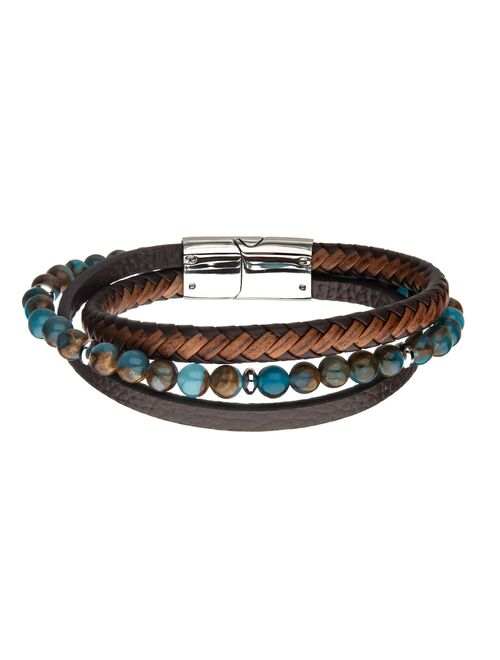 Men's Stainless Steel Blue & Brown Bead Layered Leather Bracelet