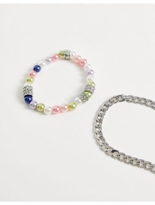 ASOS DESIGN 2 pack bracelet set with silver chain and multi color pearls