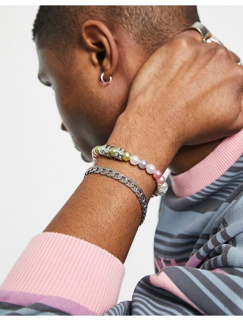 ASOS DESIGN 2 pack bracelet set with silver chain and multi color pearls
