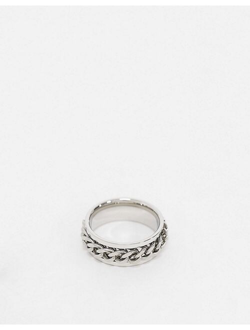 ASOS DESIGN stainless steel band ring with moving chain in silver tone