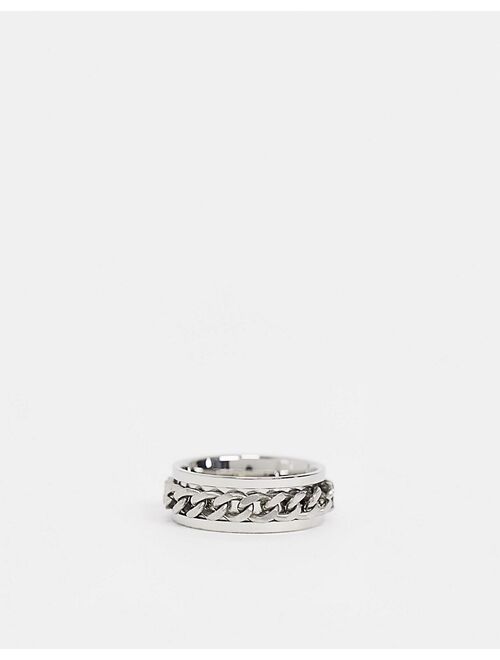 ASOS DESIGN stainless steel band ring with moving chain in silver tone