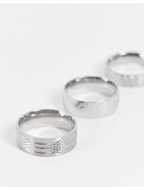 ASOS DESIGN 3 pack stainless steel ring set with cutwork emboss in silver tone