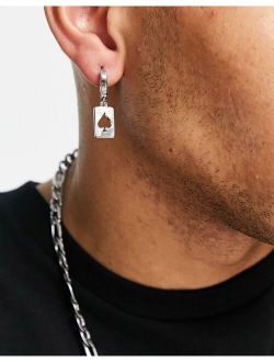stainless steel hoop earrings with ace playing card design in silver tone