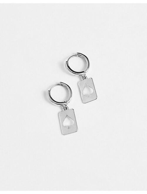 ASOS DESIGN stainless steel hoop earrings with ace playing card design in silver tone