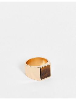square signet ring with tigers eye stone in gold tone