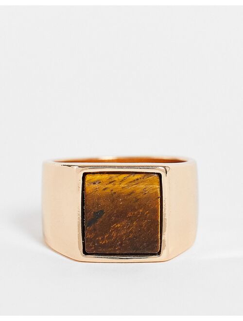 ASOS DESIGN square signet ring with tigers eye stone in gold tone