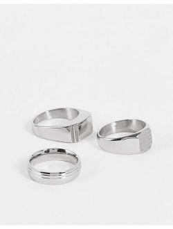 3 pack stainless steel mixed signet ring set in silver tone