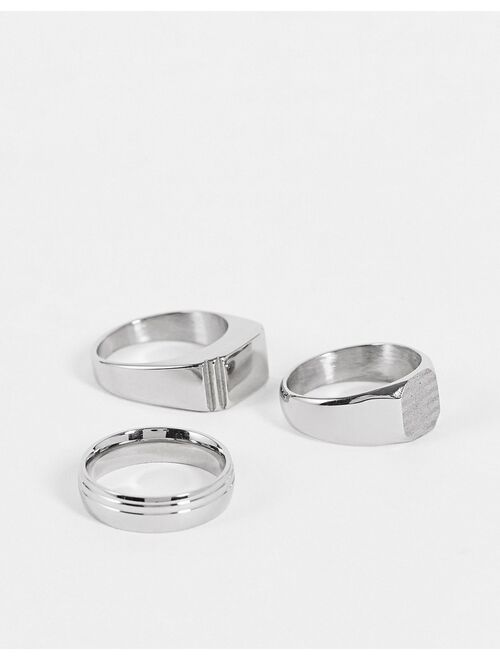 ASOS DESIGN 3 pack stainless steel mixed signet ring set in silver tone
