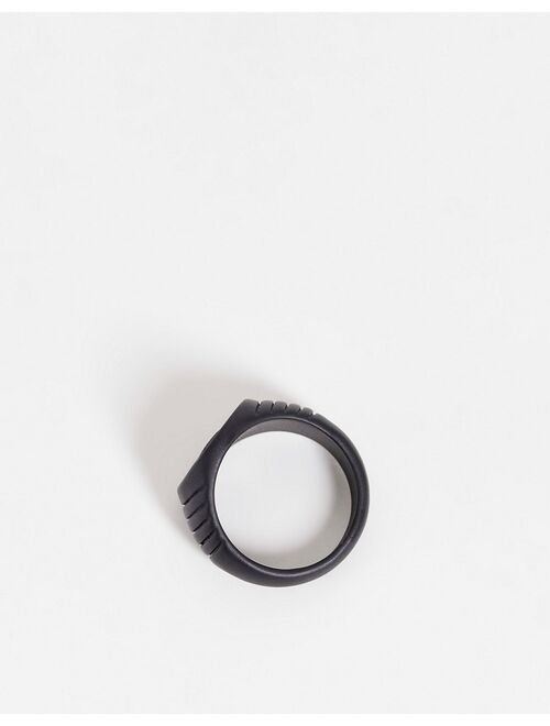 ASOS DESIGN signet ring with coin detail and embossing in matte black