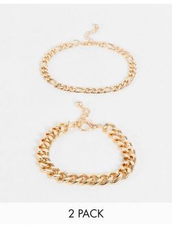 2 pack bracelet set with curb and figaro chains in gold tone