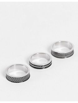 3 pack stainless steel band ring set with emboss details in silver