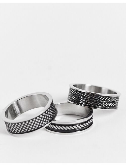 ASOS DESIGN 3 pack stainless steel band ring set with emboss details in silver