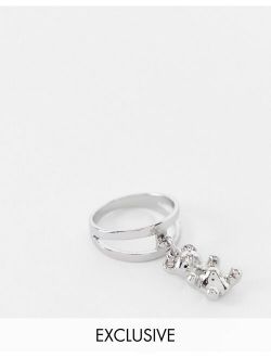 inspired unisex double band ring with bear in silver