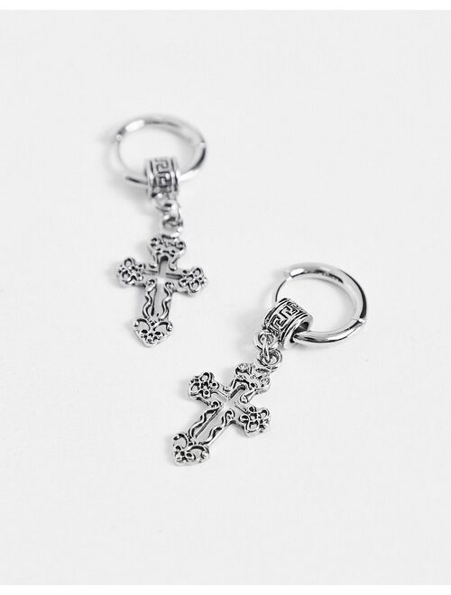 ASOS DESIGN hoop earrings with vintage crosses in silver tone