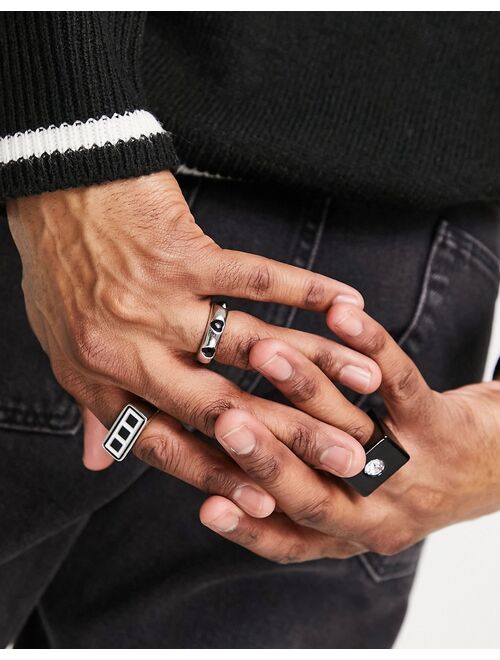 ASOS DESIGN 3 pack mixed plastic and metal ring set in black and silver