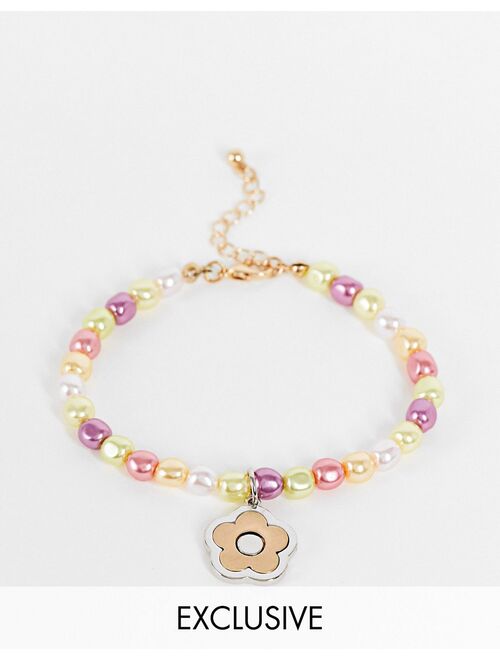 Reclaimed Vintage inspired bracelet with brushed metal flower pendant in fun faux pearl beading