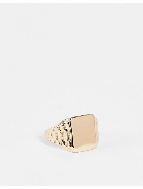 ASOS DESIGN signet ring with side detail embossing in gold tone