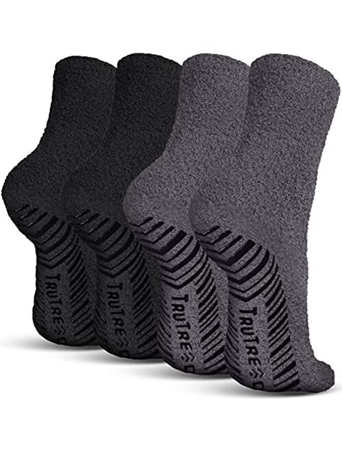 TruTread Fuzzy Slipper Socks with Grippers for Women and Men - 4 Pairs Non Skid Socks / No Slip Fuzzy Socks